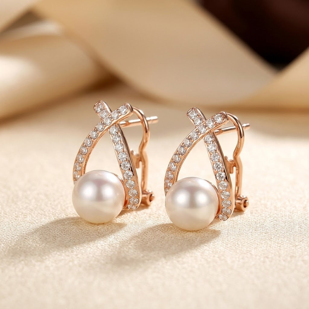 Gold cross pearl stud earrings