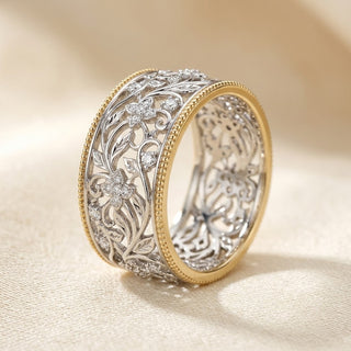 Silver and gold decorative band ring