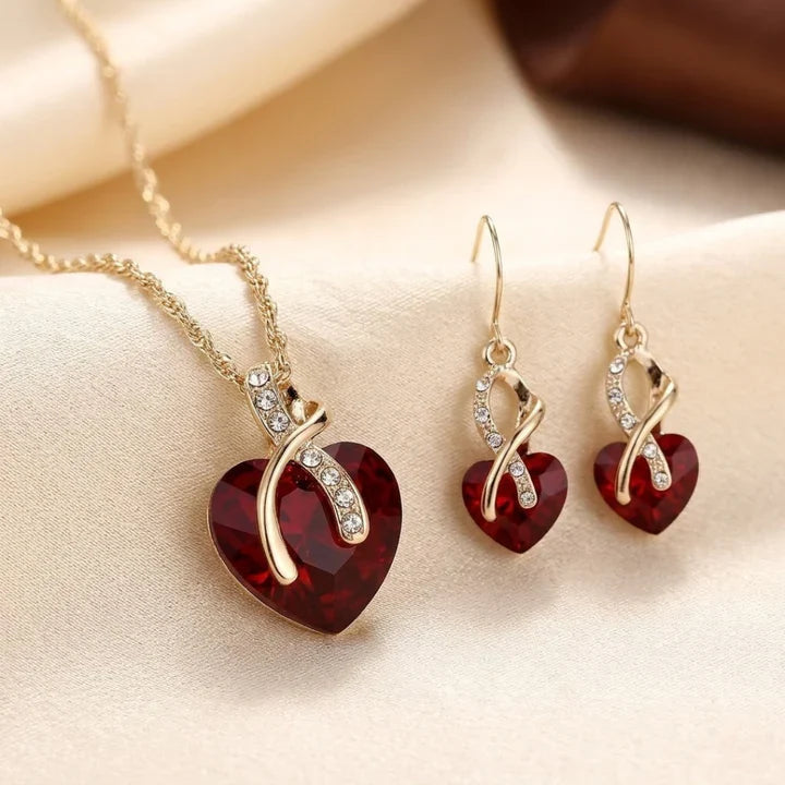 Gold Ruby Twist Heart Jewelry Set