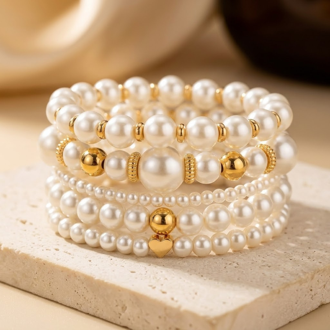 Gold Pearl Bead Bracelet Set