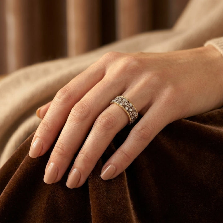 Silver and gold decorative band ring