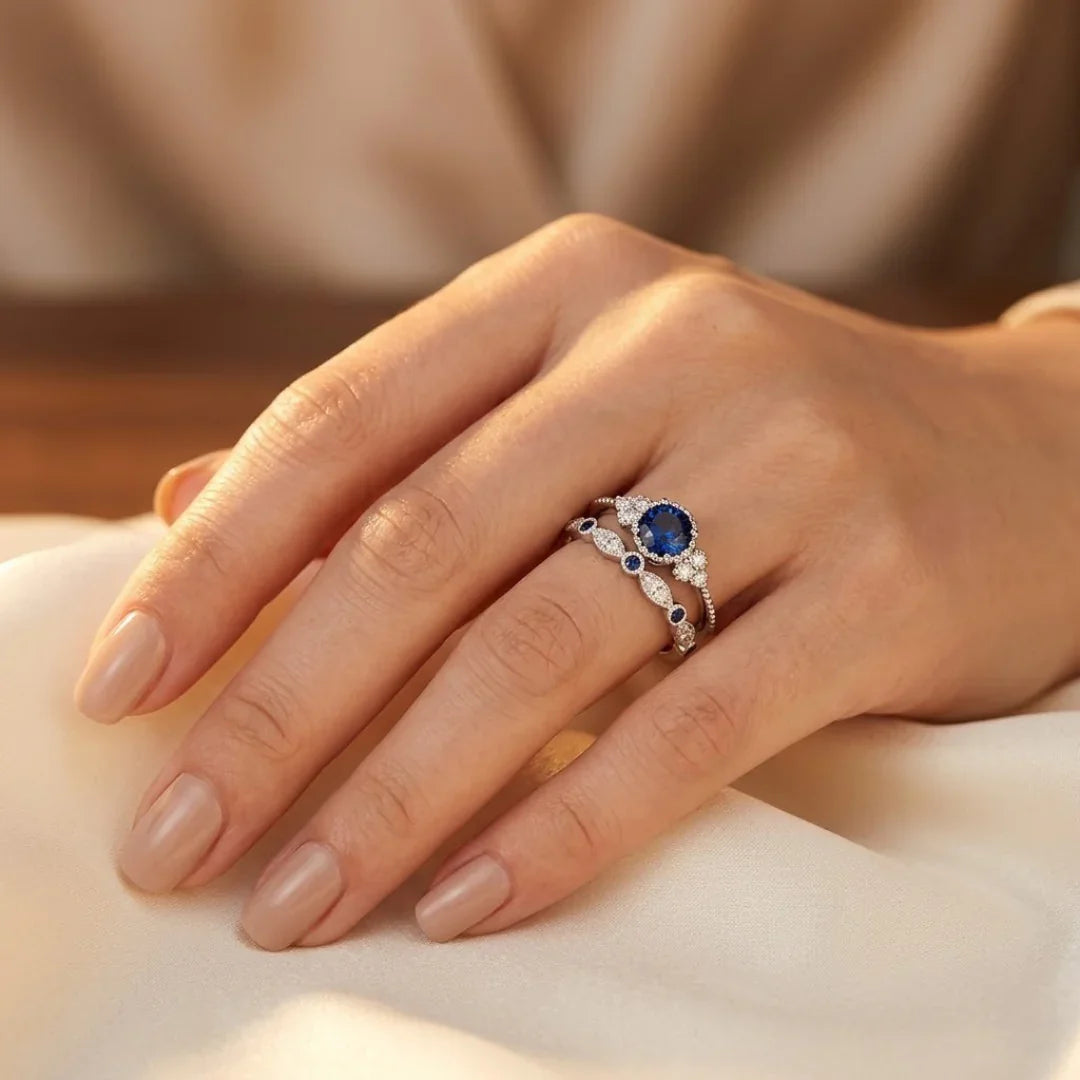 Silver sapphire halo ring