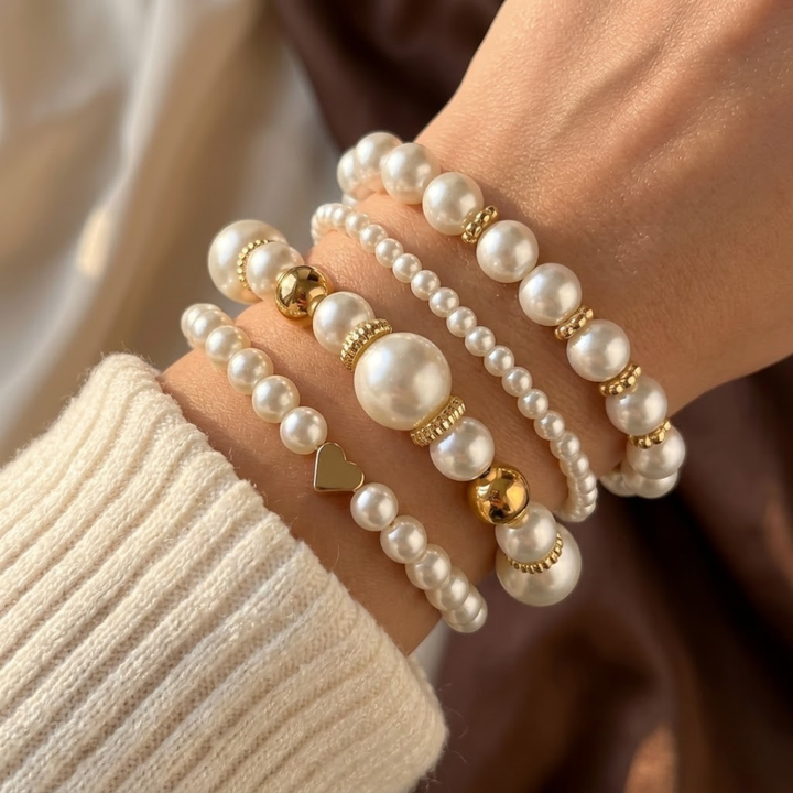 Gold Pearl Bead Bracelet Set