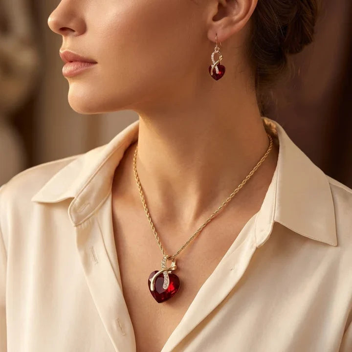 Gold Ruby Twist Heart Jewelry Set