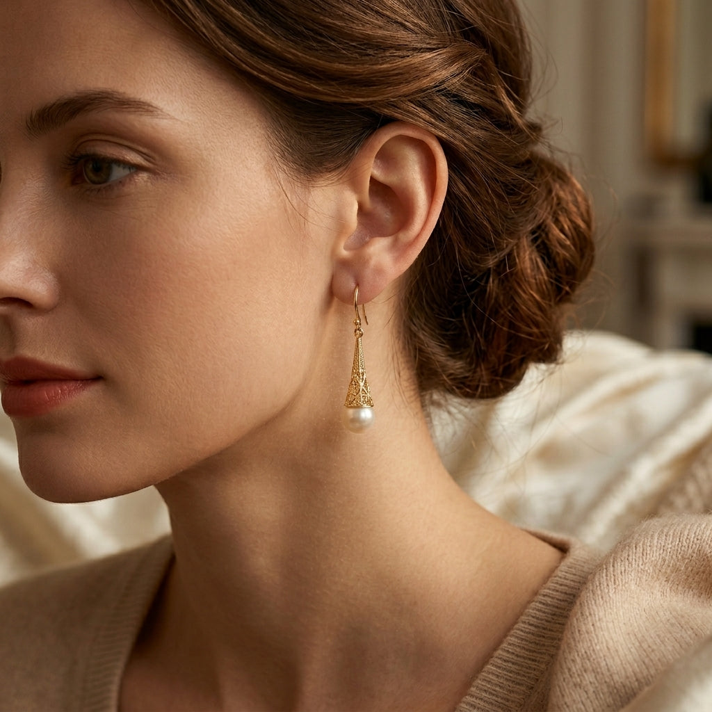 Goldwork pearl drop earrings